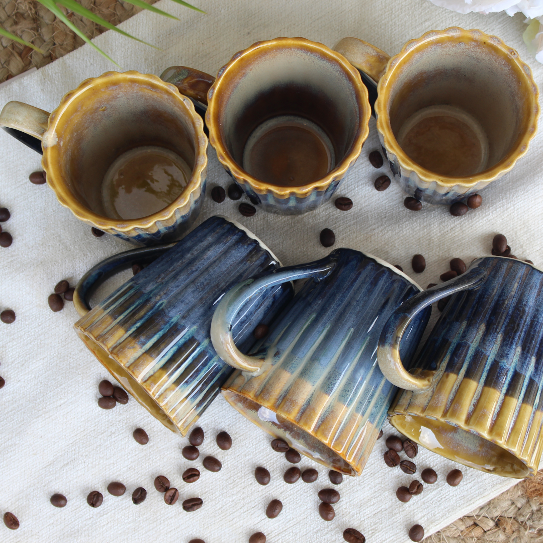 Coffee Mug Ribbed Blue and Brown