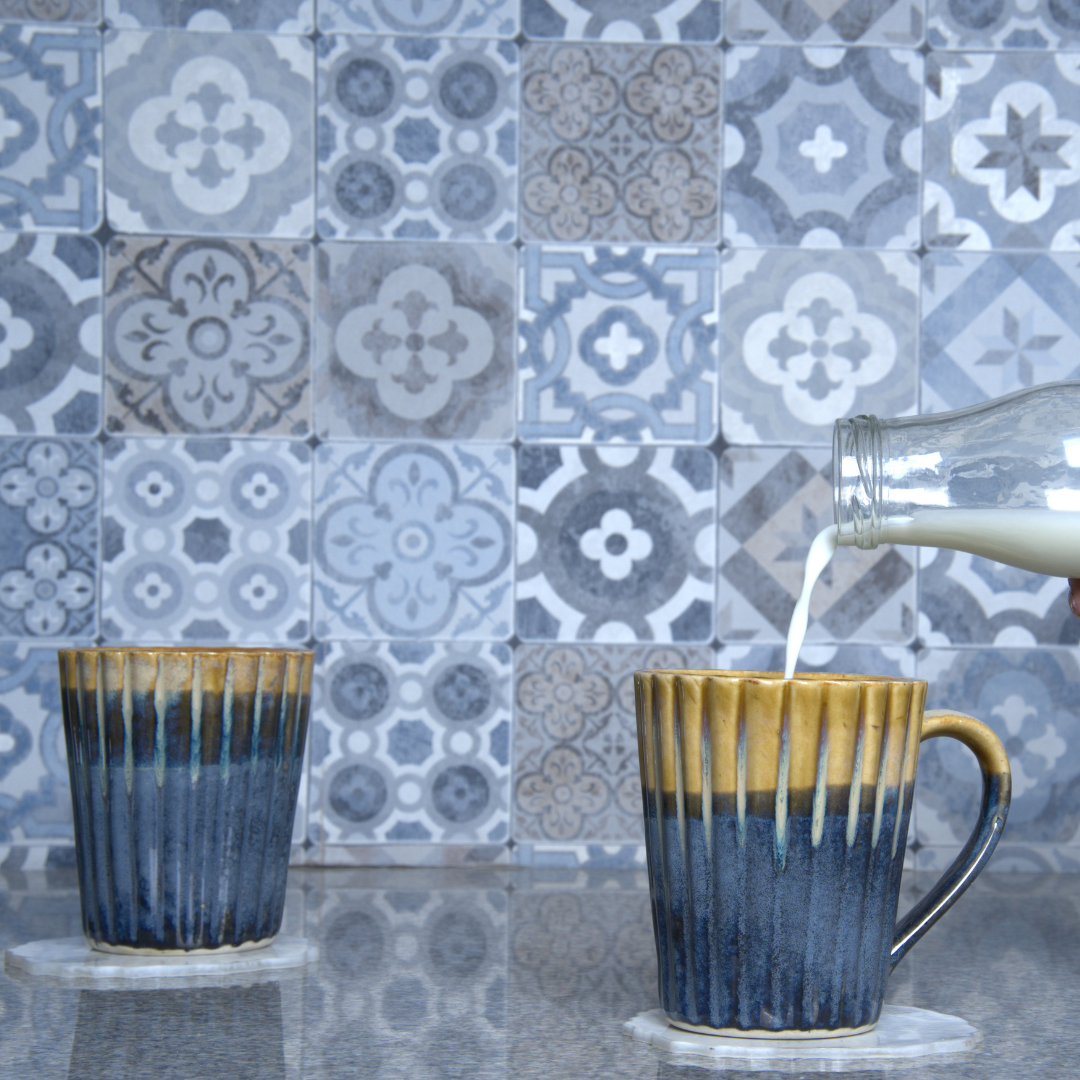 Coffee Mug Ribbed Blue and Brown