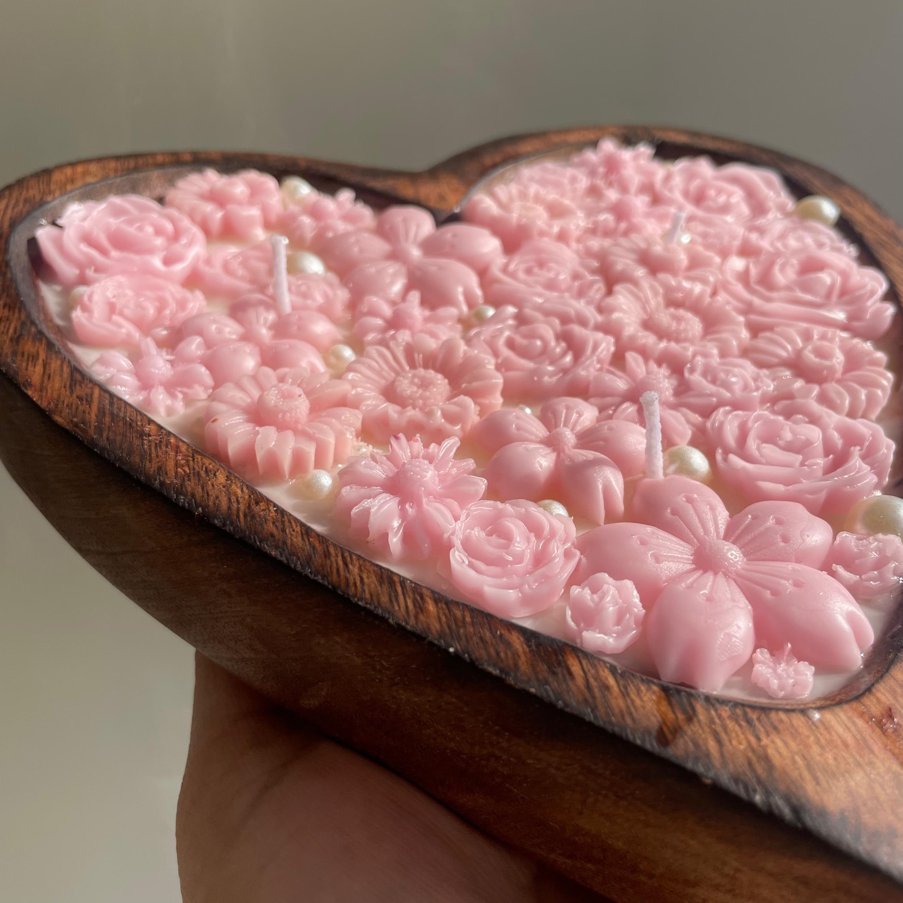 Big Wooden Heart Candle with Pink Flowers