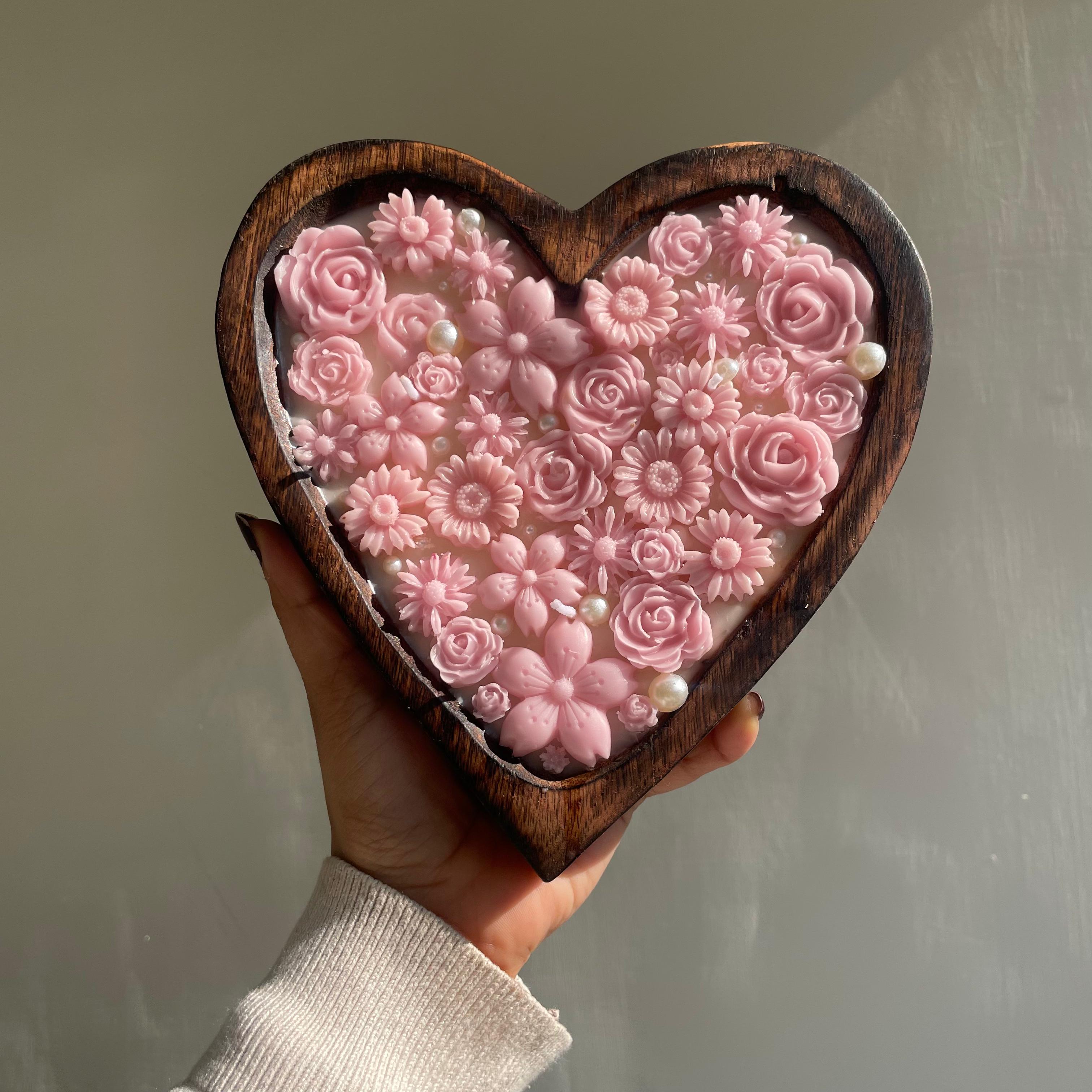 Big Wooden Heart Candle with Pink Flowers