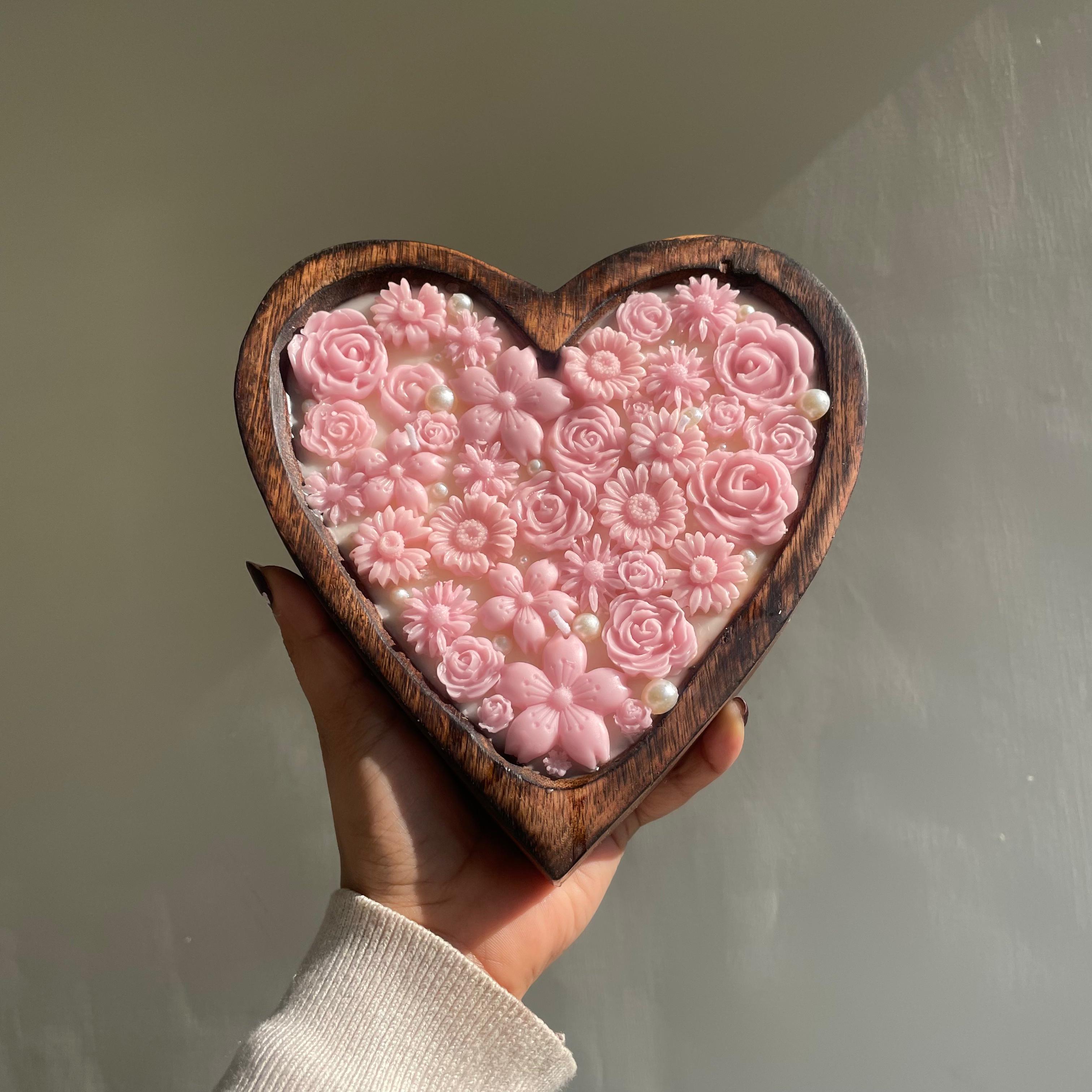 Big Wooden Heart Candle with Pink Flowers