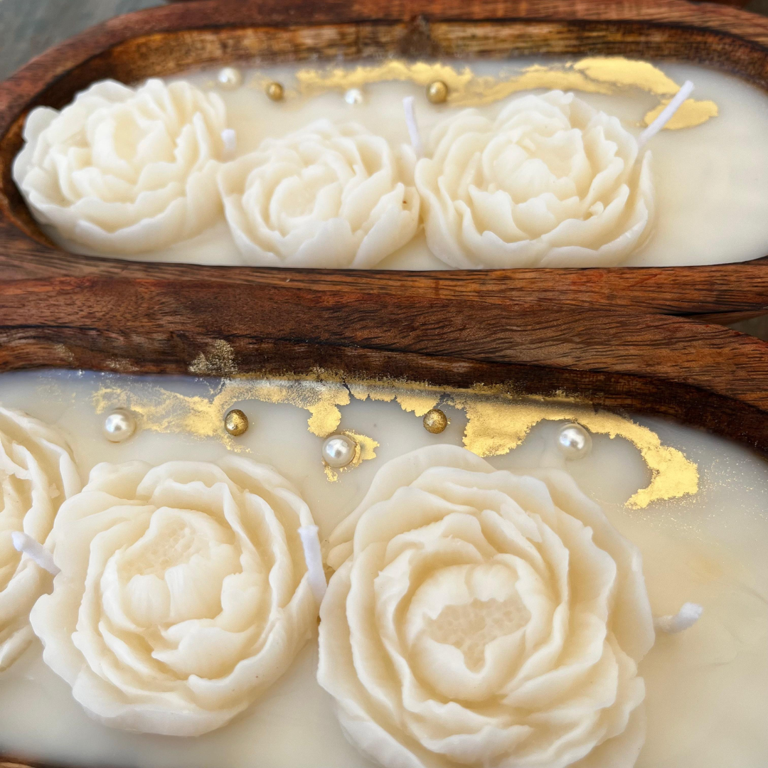 Decorative Wooden Tub Candle With White Gold Rose
