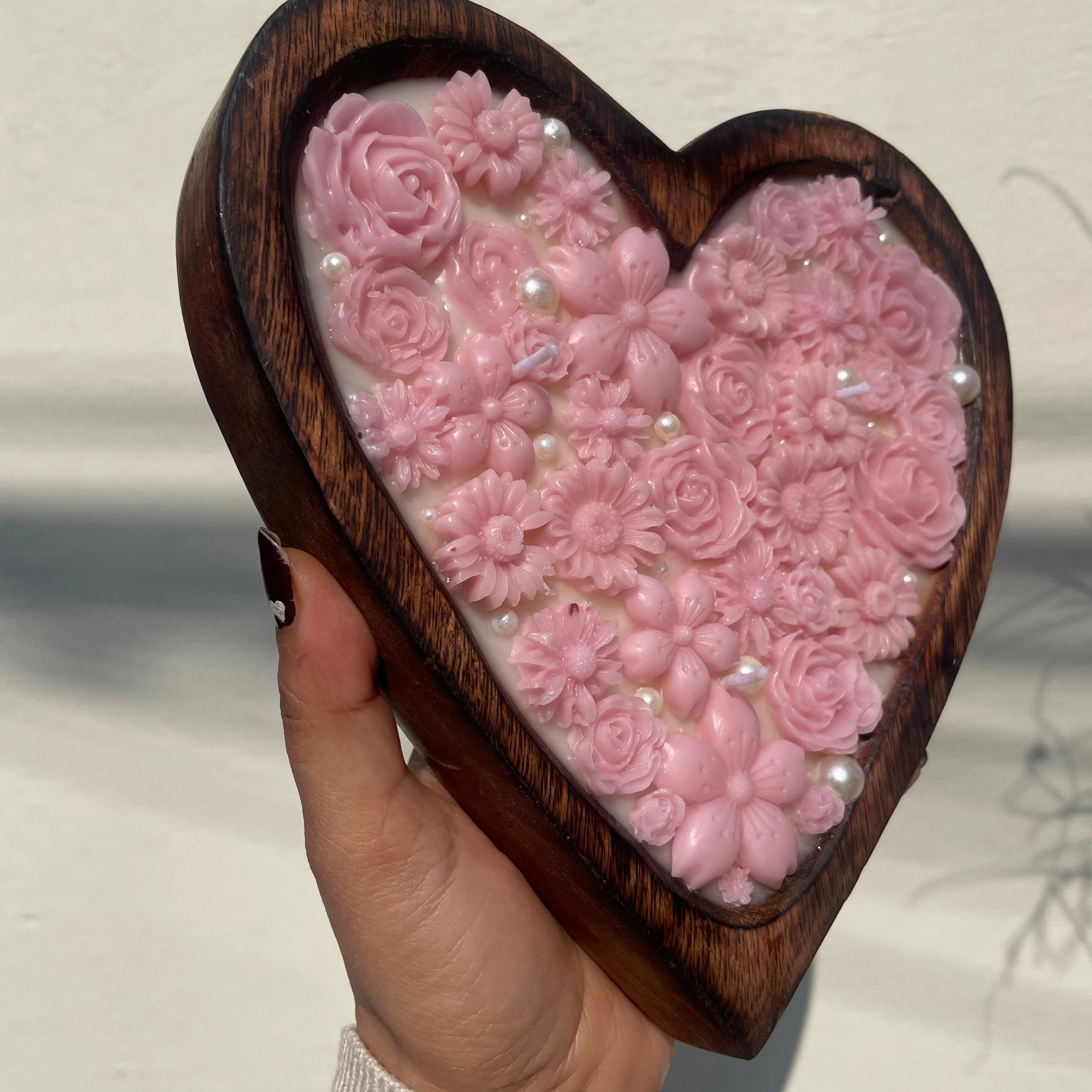 Big Wooden Heart Candle with Pink Flowers
