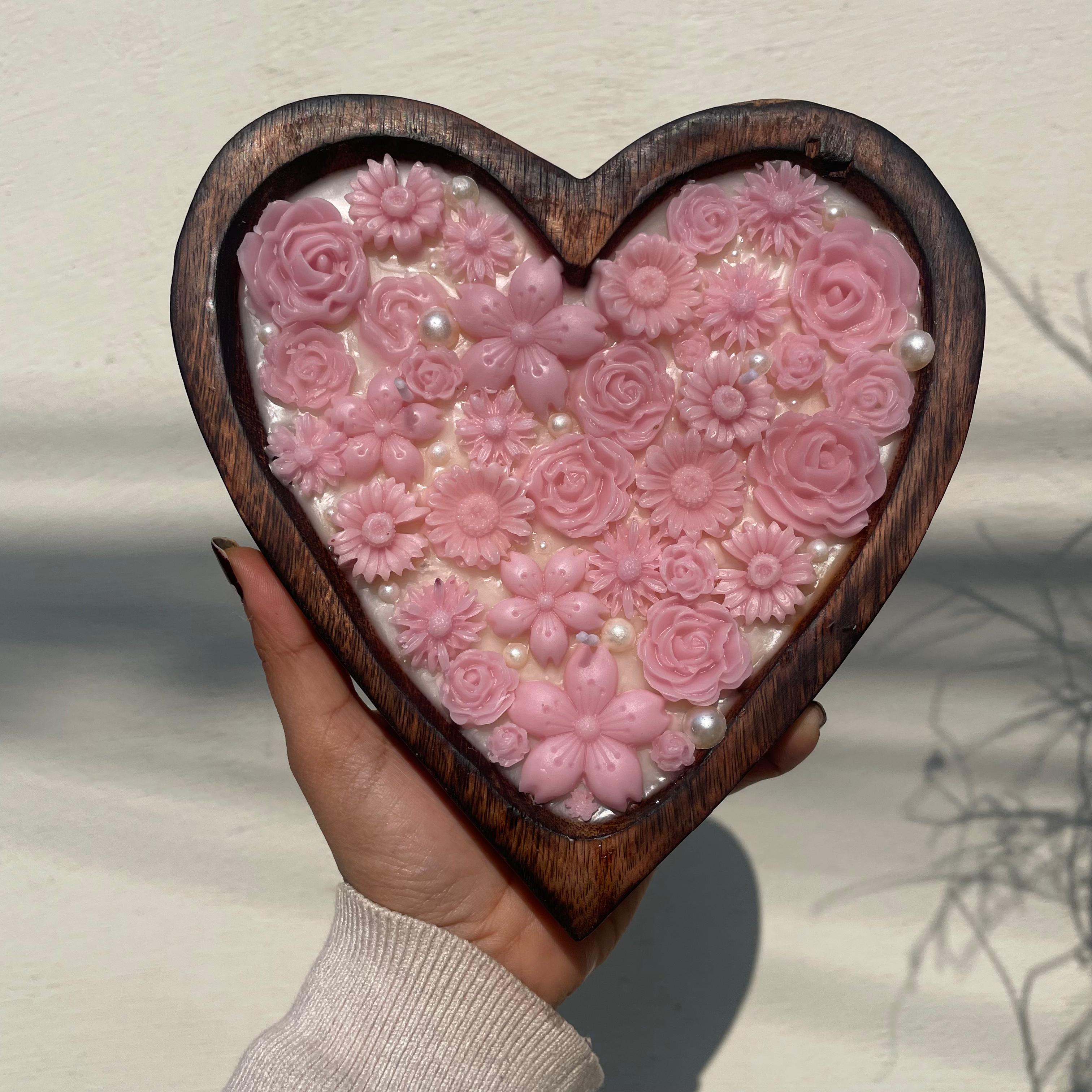 Big Wooden Heart Candle with Pink Flowers